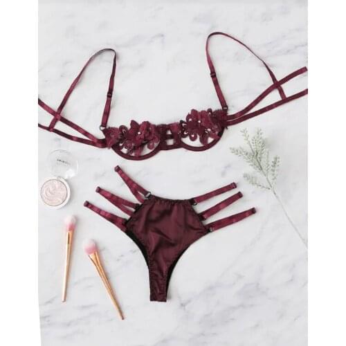 Women Sexy Lingerie Lace Satin Hollow out Floral Sheer Lace Tops Bra Thong Underwear Set