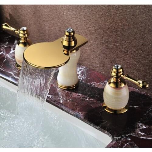 FREE SHIP Bathroom 3 pcs 8 " widespread Lav Sink faucet Gold clour Crystal and stone faucet New