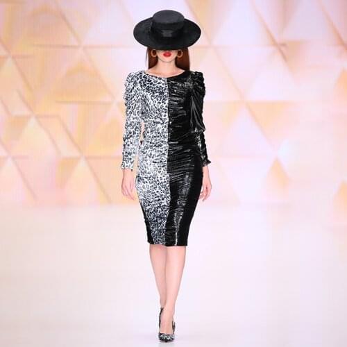 Free shipping high-quality black grey contrast colour long-sleeved round collar metallic strip fashion fabric high street dress