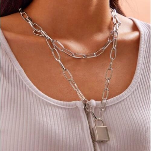 Layered Chain Necklace Neck Chains Lock Pendant Jewelry For Women Punk Choker Padlock Goth Jewelry Grunge Aesthetic Accessories