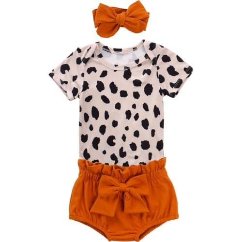 Citgeett Summer 0-24M Newborn Kids Girls Clothes Sets Leopard Print Short Sleeve Romper Tops Bow Shorts Headband Set