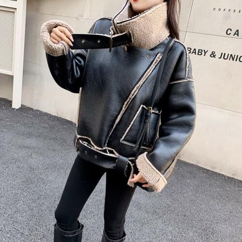 Short Lamb Hair Bomber Jacket Womens Leather Jacket Motorcycle Coat Female Warm Zipper Thickening New Korean Loose Wild