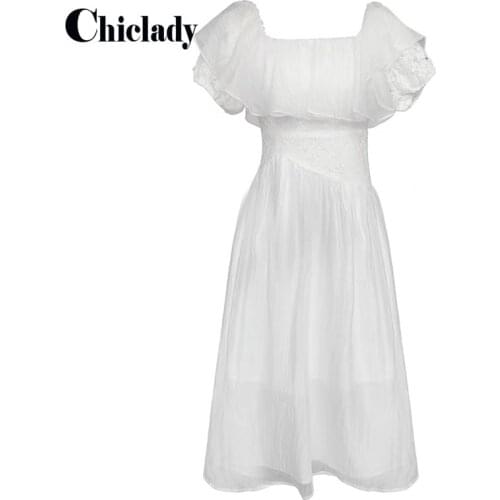 CHICLADY Summer holiday sweet girl ruffles square collar short sleeve white patchwork lace midi dress lady party causal mujer za