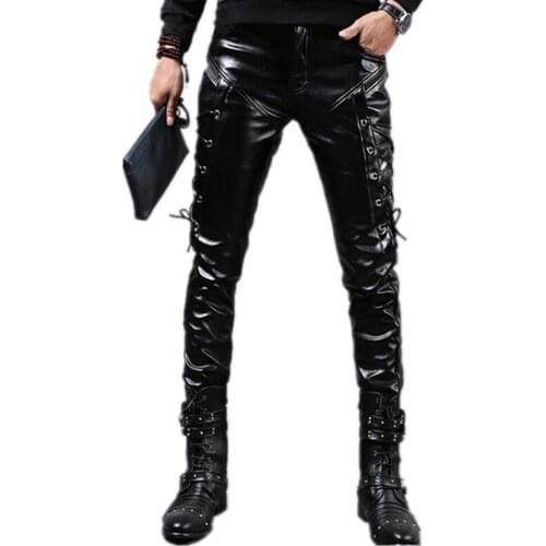 Fashion Autumn&Winter Mens Skinny Leather Pants Faux Black Joggers Pants Motorcycle Trousers For Men With Strings