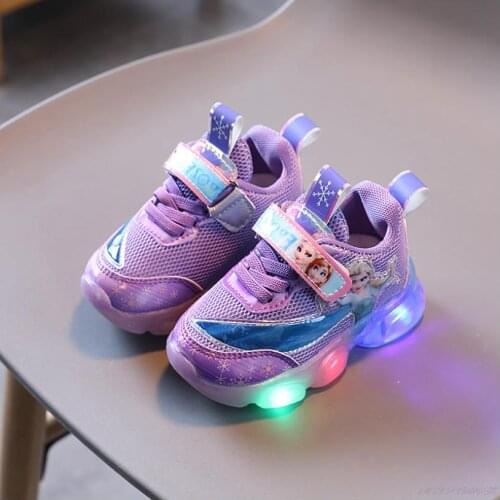 Disney New Cartoon Frozen Child Luminous Shoes Sneaker Brand footwear Girls Kids LED Flashing Shoes Baby Casual Shoes