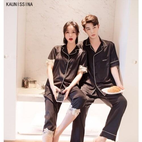 Summer Couple Pajamas Set Ice Silk Sleepwear Short Sleeve Turn-down Collar Shirts Calf-Length Pants Women Men Pajama Loungewear