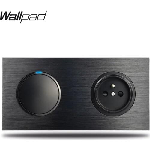 Wallpad L6 Black Metal 1 Gang Switch with French Wall Electrical Power Socket Satin Aluminum Frame Dual Plate, 172 * 86 mm