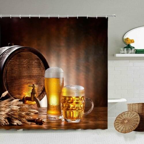 Retro Wooden Barrel Cold Beer Glass Shower Curtain Summer Drink Poster Bathroom Bathtub Waterproof Cloth Curtains With Hook Set
