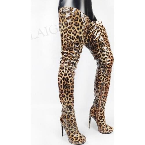 LAIGZEM Studded Women Crotch High Platform High Heels Boots Zipper Heels Boots 2021vrouwen schoenen Large Size 44 46 47 49 50 52