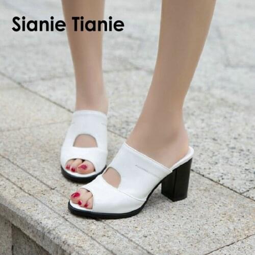 Sianie Tianie 2020 summer PU peep toe white black women pumps block high heels outdoor woman slippers mules slides size 45 46 47