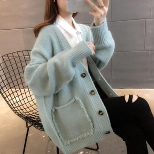 Fashion Korean 2021 Autumn Winter New Cardigans V Neck Long Sleeve Big Pocket Single-breasted Sweater Fashion Knitting Coat