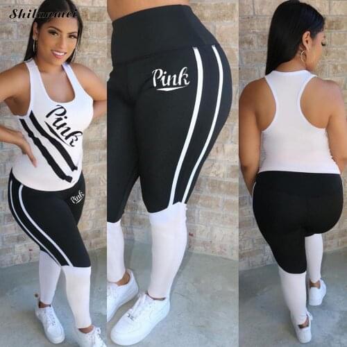 New Pink Letter Print Tracksuit for Women 3XL Stripe Patchwork Women Outfit Sleeveless Top And Leggings Pants Sport Matching Set