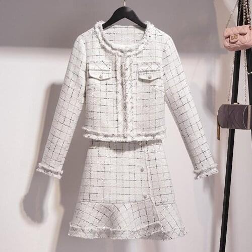 2021 Autumn Tweed Two Piece Set Women Elegant O Collar Short Coat Top + Fashion Beading A-Line Mermaid Mini Skirt Lattice Suit