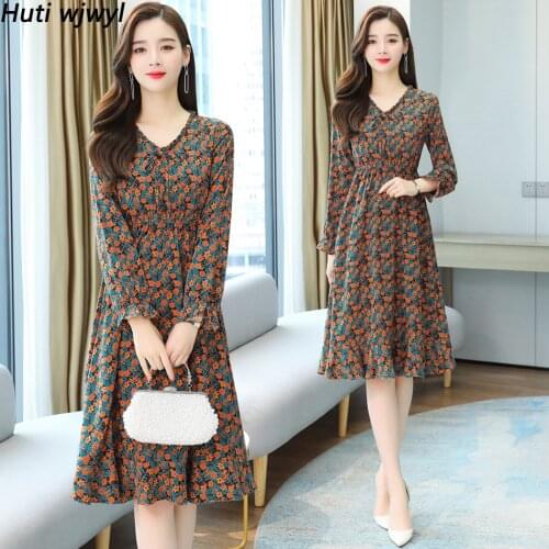 2021 Women Elegant Casual Beach Party Vestido Floral Chiffon Office Lady Midi Dresses Spring Autumn Bodycon Korean Vintage Dress