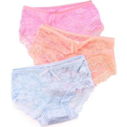3Pc Random Color Transparent Low Waist Cotton Crotch Women Underwear Lingerie Girls Panties Full Lace Briefs