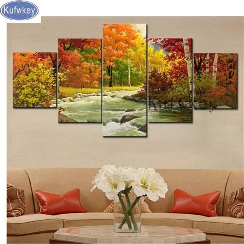 5pcs/set,Full Square Drill 5D DIY Diamond Painting "autumn Landscape" Multi-picture Combination 3D Embroidery Mosaic Decor