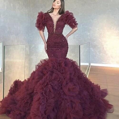 Burgundy prom dresses 2020 deep v neck crystal beading short sleeve ruffle beaded mermaid evening dresses formal dresses