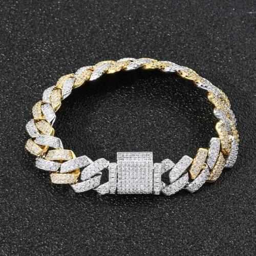 14mm High-Quality HIP HOP Iced Out Bracelets Double Color Square Zircon Stone Long Link Cuban Hand Chain For Man Jewelry