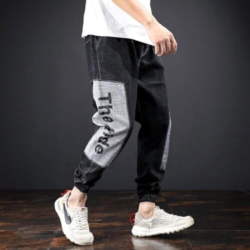 Denim Jeans mens spring autumn thin loose loose ankle length stitching stretch printing light-colored teenager Harlan trousers