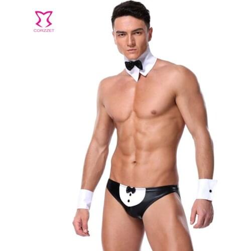 Erotic Lingerie for man Black Panties and White Bow tie Bracelets Costumes Sexy temptation Lingerie Sets mens Lenceria sexy