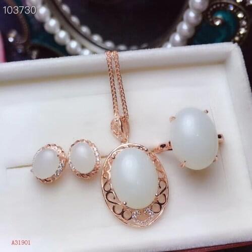 KJJEAXCMY Boutique jewelry 925 Silver-inlaid Natural Hotan Jade Female Pendant + Necklace Ring Ear Nail Set Support Detection