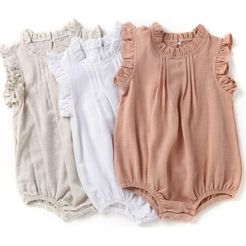 New Baby Girls Rompers Summer Cotton Linen Toddler Girls Clothes Ruffles Fly Sleeveless Infant Bodysuits Kids Clothing Jumpsuits