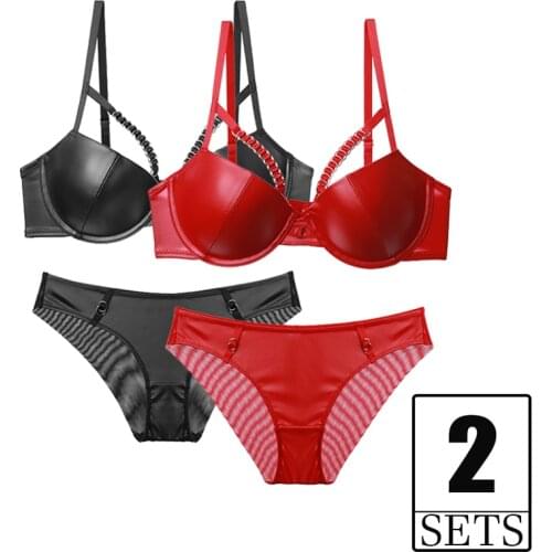2 Sets Leather Sexy Lingerie Bra And Panty Set For Women Plus Size Underwire Push Up Bras Female Underwear Red Black B C D Cup