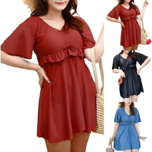 Summer bikinis 2021 Short Sleeve Polyester Solid Color Ruffle V-neck Drawstring One-piece Bathing Suit Swimwear Women Plus Size