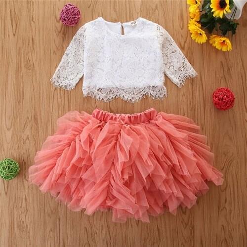 90-130 Cm Summer Girls Fashion Lace Suit Baby Kids Children Clothing Set Including T-shirt+skirt 2pcs