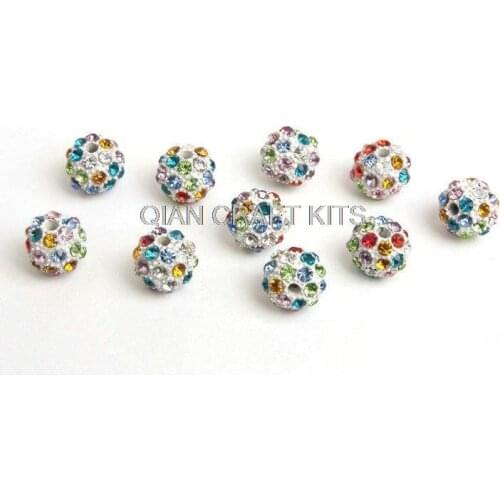 Set of 100 Pcs rainbow Pave Disco Ball Beads, Polymer Clay Rhinestone Beads, Round, Multi Colored, 10mm, Hole: 1.5mm
