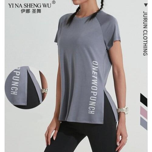 New Loose Fit O-neck Yoga T-shirt Women Quick Dry Fitness Tops Workout Design Split Running Dance Short-sleeved Gym Sport Shirts