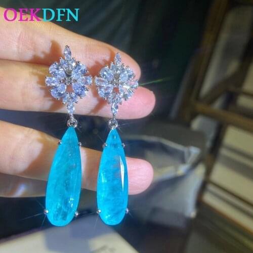 OEKDFN 925 Sterling Silver Drop Earrings 10*30MM Paraiba Tourmaline Diamond Gemstone Dangle Earrings Wedding Party Fine Jewelry