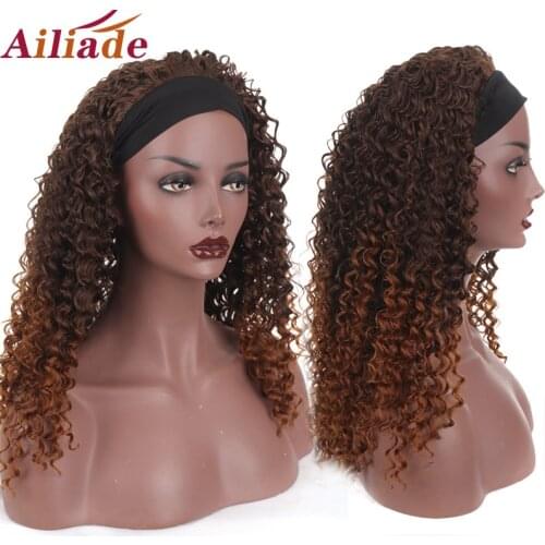 AILIADE Short Afro Kinky Curly Headband Wigs For Black Women Synthetic Hair Mix Wig Ombre Glueless Wig With Head band Daily Part