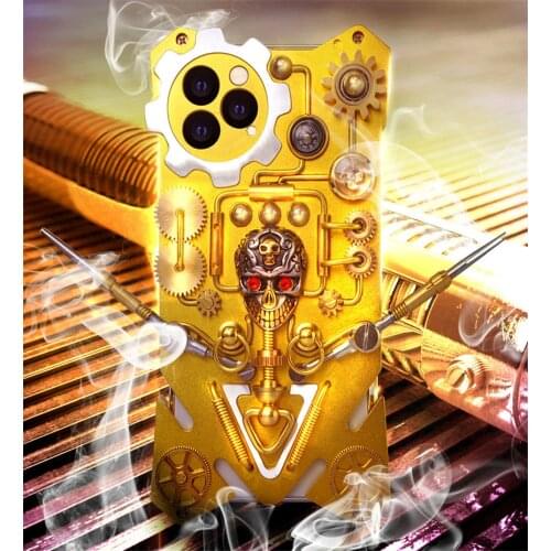 Luxury Armor Metal Aluminum pure copper Phone Cover For iphone11 PRO MAX case mechanical gear purely handmade Skull Phone shell