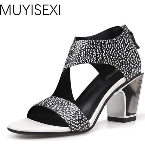 Sandals Women Summer 7 cm Hollow out Metal High Heels Genuine leather Women Sandals zapatos mujer sandalias mujer HL86 MUYISEXI
