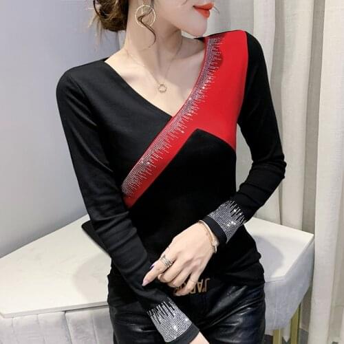 2021 Autumn Winter Sexy V-Neck Womens T-Shirt Fashion Casual Long Sleeve Patchwork Hot Drilling Women Tops And Shirt