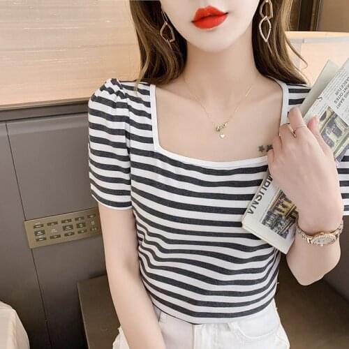 New Square collar stripe T Shirt Women Harajuku Vogue Tshirt Short Sleeve Streetwear Ladies Summer Female T-shirt goth
