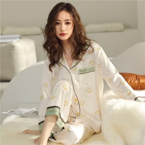 Womens ice silk pajamas simply worn out large size spring and autumn womens air conditioning clothes silk home clothes