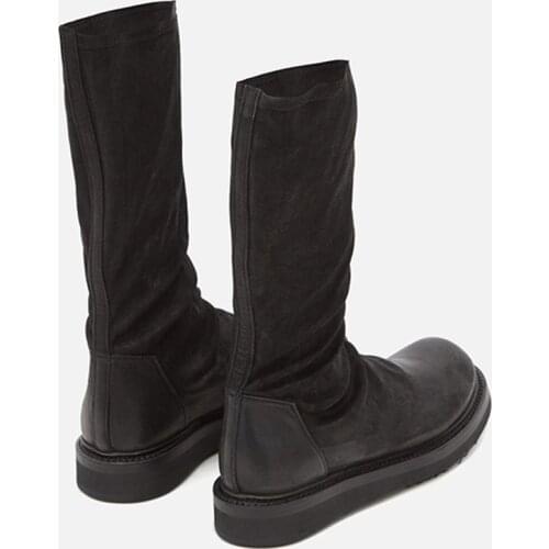 MUMANI Woman‘s Mid-Calf Boots Black Genuine Leather Round Toe Flat With Elastic High Boots Footwear Elegant Handmade Shoes