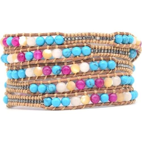 Women Leather Bracelet High End Semi Precious Stones 5 Strands Wrap Bracelets Handmade Boho Bracelet Dropship