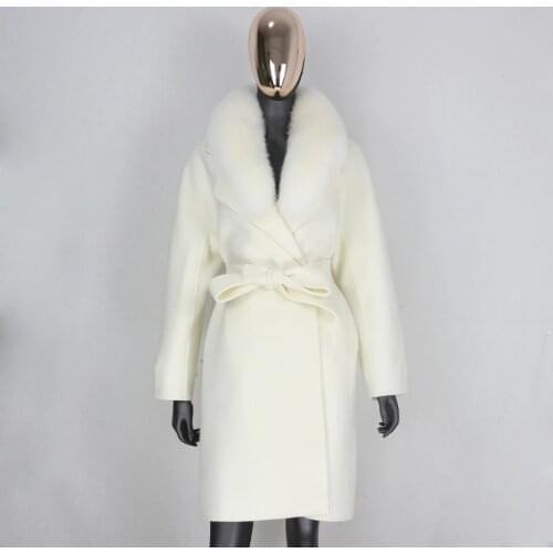 2020 New Real Fur Coat Winter Jacket Women Loose Natural Fox Fur Collar Cashmere Wool Blends Long Outerwear Belt Streetwear