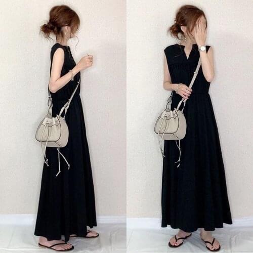 Ladies Black Pleated Dress Female 2020 Fall Japanese New V-neck Super Fairy Fight Receiving Waist Slim Long Dresses Sleeveless