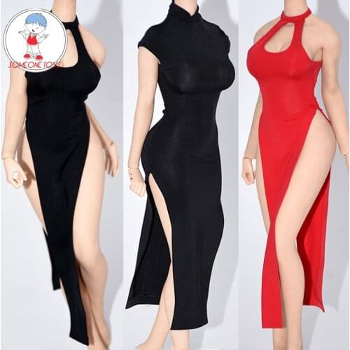 1/6 Female Sexy black sling Deep V dress Tight Backless slit party skirt for 12 inch Soldier TBLeague large breast Figure Body