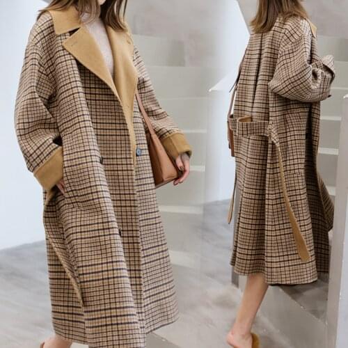 2019 Turn Down Collar Women Woolen Coat Plaid Print Elegant Thick Wool Jacket Women Autumn Winter Coat Casaco Feminino