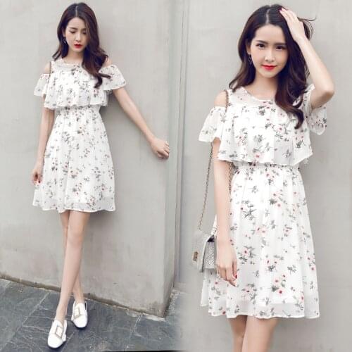 Summer Strapless Floral Print Sweet Short Sleeve Knee-length A-line O-neck fashion Chiffon dress women Daily Wear
