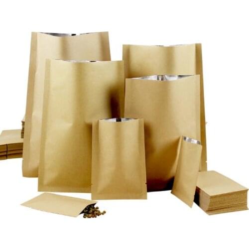 100pcs Flat Bottom Kraft Paper Open Top Bag Tea Powder Coffee Ziplock Paper Gift Wedding Bag Heat Sealing Vacuum Bag