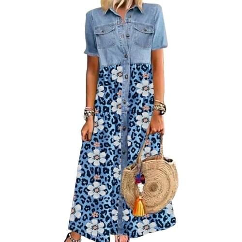 2021 Ins New Fashion Women Long Dresses Flower Patckwork Denim Long Dresses Summer Women Clothing
