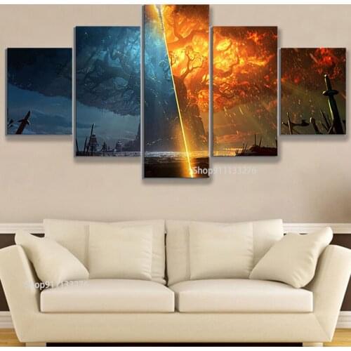 5 Piece Teldrassil Burning World of Warcraft Battle for Azeroth Game Posters Canvas Painting Wall Art for Home Decor frame