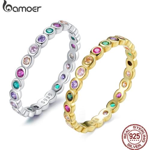 BAMOER 925 Sterling Silver Colorful Rainbow Zircon Finger Ring for Women Trendy Fashion Dazzling CZ Stone Anillos Jewelry Gift