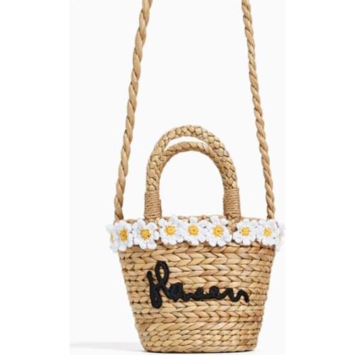Flower embroidery Bohemian Straw Bags for Women Kids Small Beach Handbags Summer Vintage Rattan Handmade Kintted Crossbody Bag